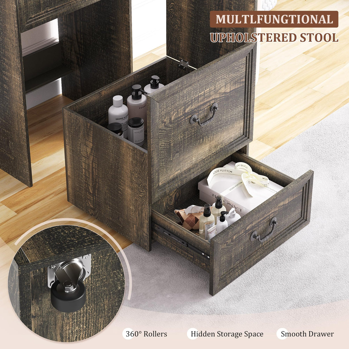 FREDEES Vanity Desk with Mirror and Lights, Compact Makeup Table w/Storage Drawers & Shelves, Farmhouse Vanity Table with Hidden Chair for Bedroom, Gift for Girls Lady, Rustic Brown FREDEES