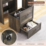 FREDEES Vanity Desk with Mirror and Lights, Compact Makeup Table w/Storage Drawers & Shelves, Farmhouse Vanity Table with Hidden Chair for Bedroom, Gift for Girls Lady, Rustic Brown FREDEES