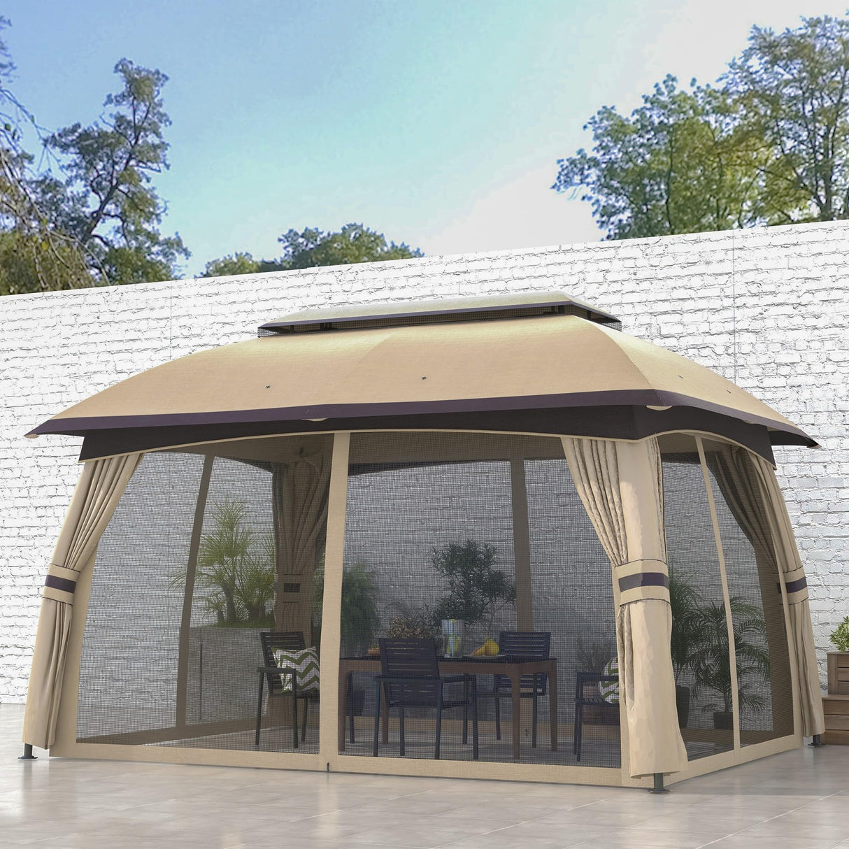 Outsunny 10' x 13' Patio Gazebo, Outdoor Gazebo Canopy Shelter with Netting, Vented Roof, Steel Frame for Garden, Lawn, Backyard, and Deck, Beige Outsunny