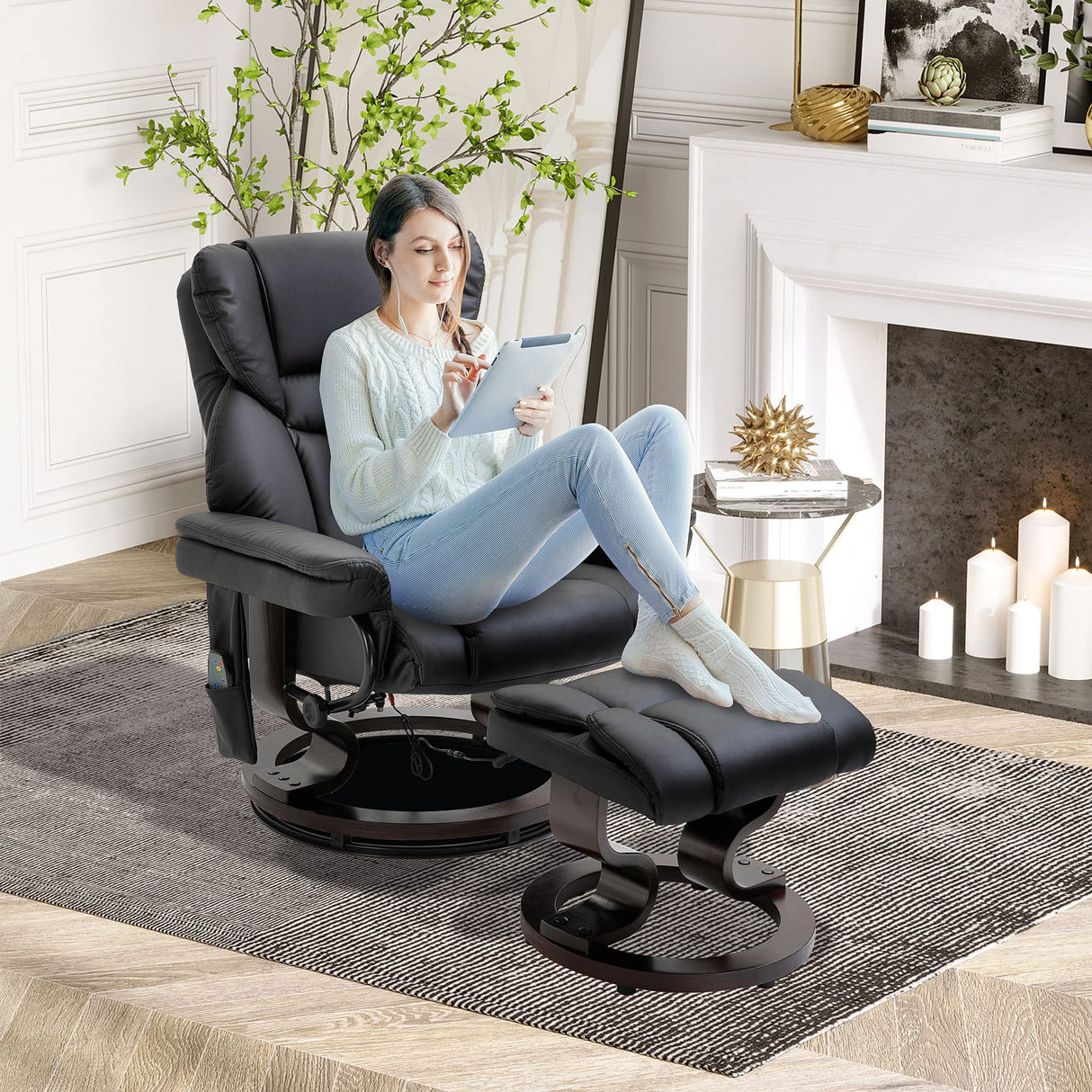 HOMCOM Massage Recliner Chair with Ottoman Footrest, 10 Vibration Points, 360° Swivel Reclining Chair, Faux Leather Living Room Chair with Side Pocket and Remote Control, Black HOMCOM