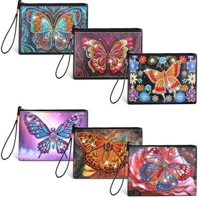 Silkfly 6 Pcs Diamond Painting Purses Clutch DIY Diamond Handbag PU Leather Painting Bags 5d Handmade Wristlet Wallet with Strap and Zipper for Women Gift(Butterfly Style)