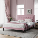 IOILORI Queen Size Upholstered Platform Bed, Queen Size Bed Frame with Tufted Button Headboard, Sturdy Frame Wooden Slats, No Spring Mattress Required, Noiseless, Easy to Assemble, Pink IOILORI