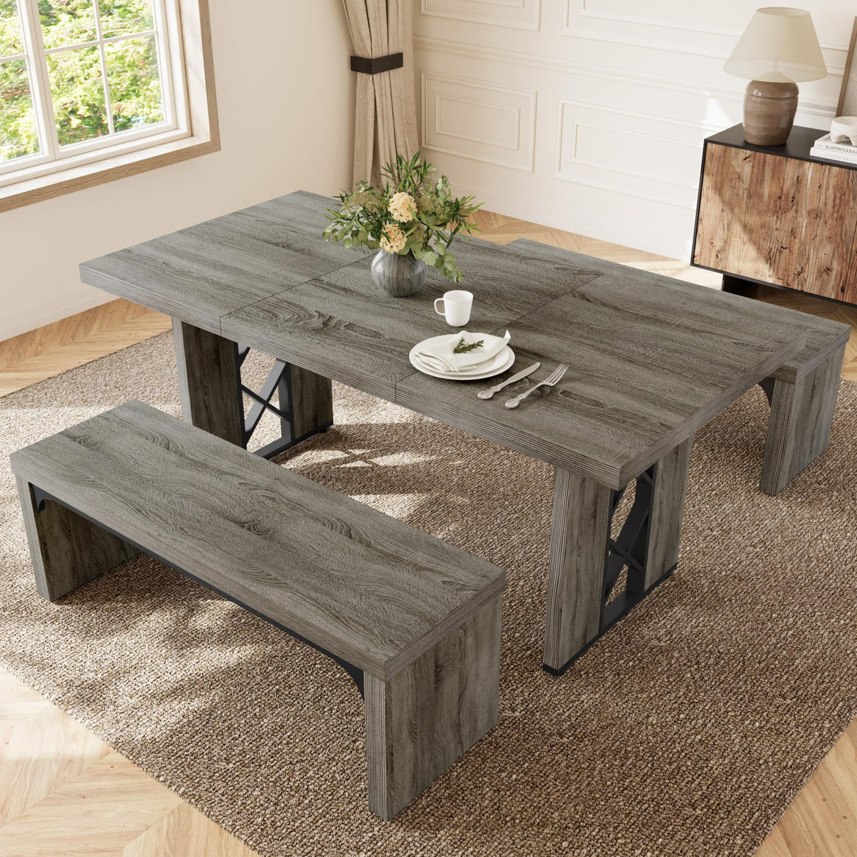 HIPIHOM 3-Piece Dining Table Set for 6-8 People, 70.8'' Rectangle Kitchen Table with 2 Benches for Breakfast Nook, Dining Room Furniture(Grey Table+Bench) HIPIHOM