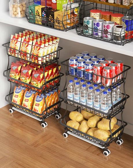 OKZEST 3-Tier Rolling Pantry Floor Organizers and Storage Cart with Wheels, Stackable Wire Pantry Baskets for Pantry Shelves, Kitchen Fruit Basket Stand and Storage Rack for Fruit Snack Onion Potato OKZEST