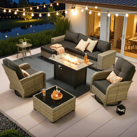 ovios 9 Pieces Patio Furniture Set Outdoor Sectional Sofa Couch with Fire Pit Table Rocking Swivel Chairs Deep Seat Chaise, Modern Modular Wicker Rattan Conversation Set, Black ovios