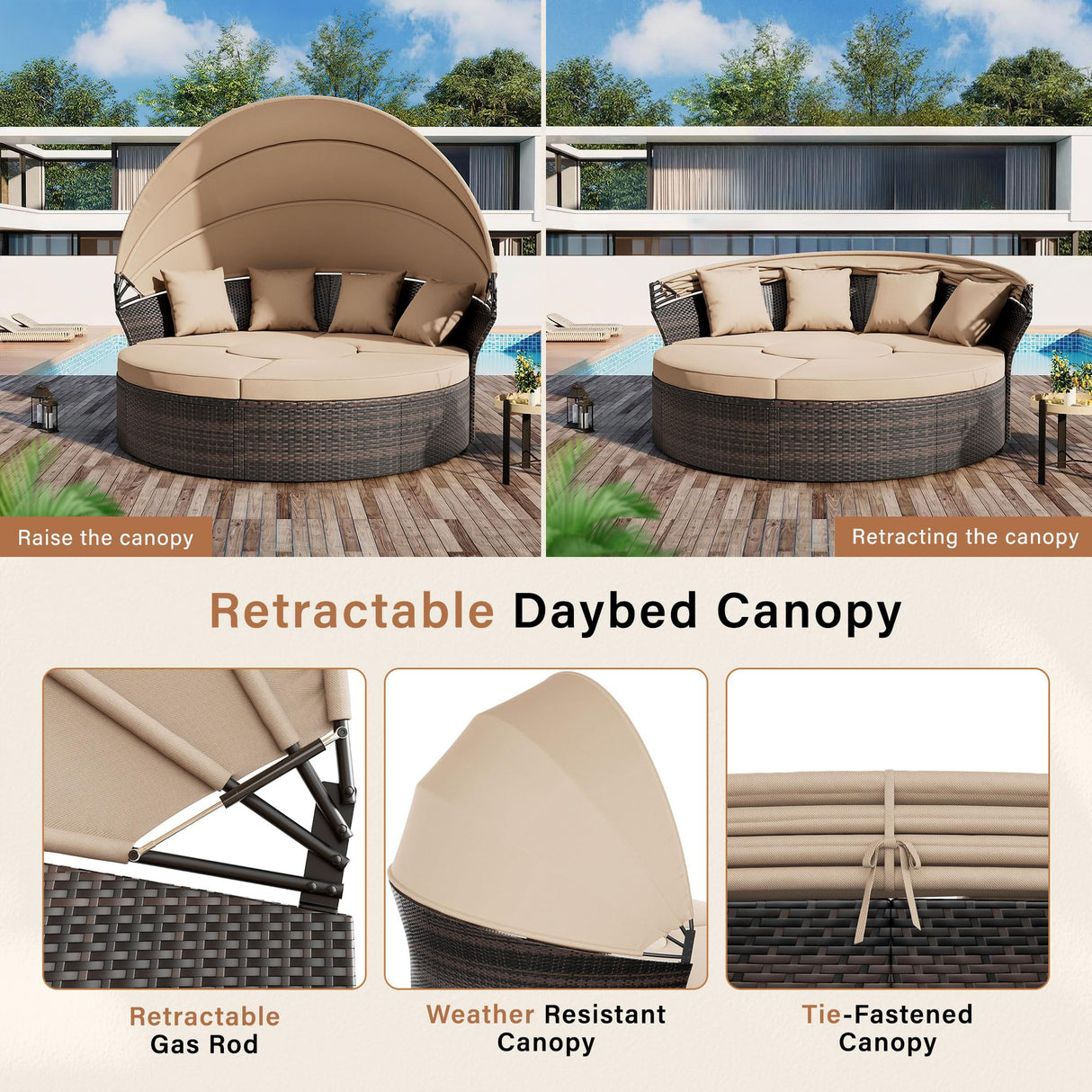 Crownland Round Outdoor Daybed with Retractable Canopy,Patio Daybed with Washable Cushions, Clamshell Sectional Seating, Wicker Furniture for Patio, Garden, Pool (Light Brown) Crownland