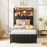 ANCTOR Twin Size Bed Frame with Upholstered Headboard and LED Light, Strong Platform Bed with Charging Station,No Box Spring Needed ANCTOR