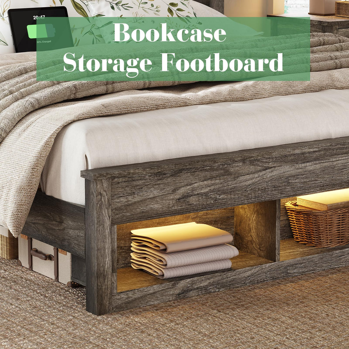 Albott Farmhouse King Size Bed Frame with Storage Bookcase Headboard and Footboard, Storage Wood Platform Bed Frame with Wood Slats Support, Noiseless LED Bed Frame, No Box Spring Needed, Gray Albott