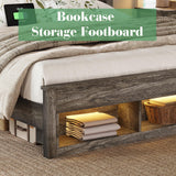 Albott Farmhouse King Size Bed Frame with Storage Bookcase Headboard and Footboard, Storage Wood Platform Bed Frame with Wood Slats Support, Noiseless LED Bed Frame, No Box Spring Needed, Gray Albott