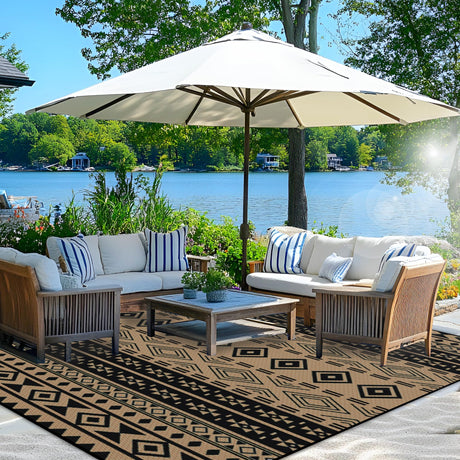 Wallona Outdoor Rugs 5x8 ft Patio Waterproof Clearance Indoor Outdoor Carpet for Patio Plastic Straw Reversible Area Rugs Mat for RV, Camping, Balcony, Beach, Picnic, Porch, Boho Black & Brown Wallona