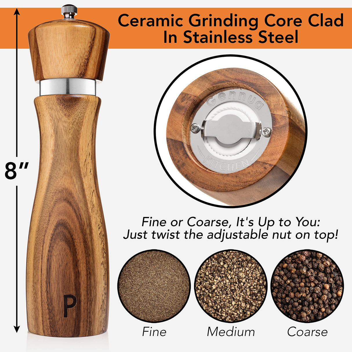 Gennua Kitchen Wooden Salt and Pepper Grinder Set: Refillable Salt & Pepper Mills Adjust for Customized Coarseness, Crafted of Solid Acacia Wood with Ceramic/Stainless Steel Core, 8 Inches Each Gennua Kitchen