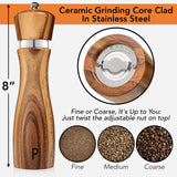 Gennua Kitchen Wooden Salt and Pepper Grinder Set: Refillable Salt & Pepper Mills Adjust for Customized Coarseness, Crafted of Solid Acacia Wood with Ceramic/Stainless Steel Core, 8 Inches Each Gennua Kitchen