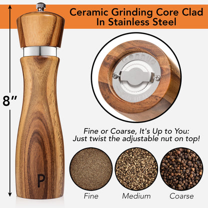 Gennua Kitchen Wooden Salt and Pepper Grinder Set: Refillable Salt & Pepper Mills Adjust for Customized Coarseness, Crafted of Solid Acacia Wood with Ceramic/Stainless Steel Core, 8 Inches Each