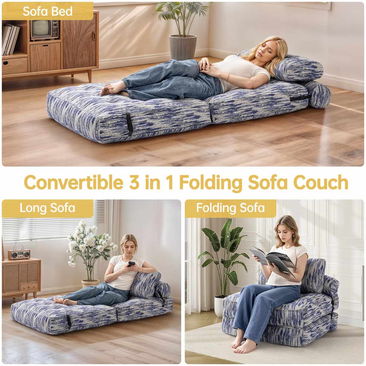 Airynee Folding Sofa Bed, Convertible Sleeper Chair Bed, Floor Couch for Adults with Back Support and Pillow, Comfy Floor Sofa Lounge for Small Spaces, Zha Blue Airynee