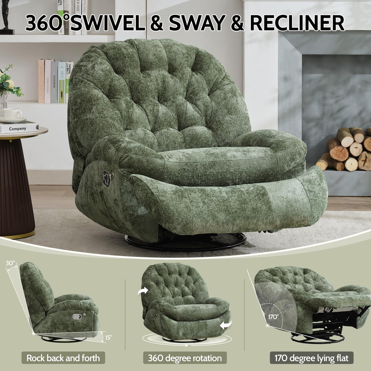 Immulize 360°Swivel Rocker Recliner Chair,Manual Rocker Recliner Chair with Phone Holder,Rocking Oversized Recliner,Large Recliner Glider Chair for Living Room,Bedroom,Chenille,Green Immulize