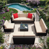 Greesum Patio Furniture Sets 9-Pieces Outdoor PE Rattan Sectional Sofa with Thickened Cushions and Glass Coffee Table,Beige Greesum