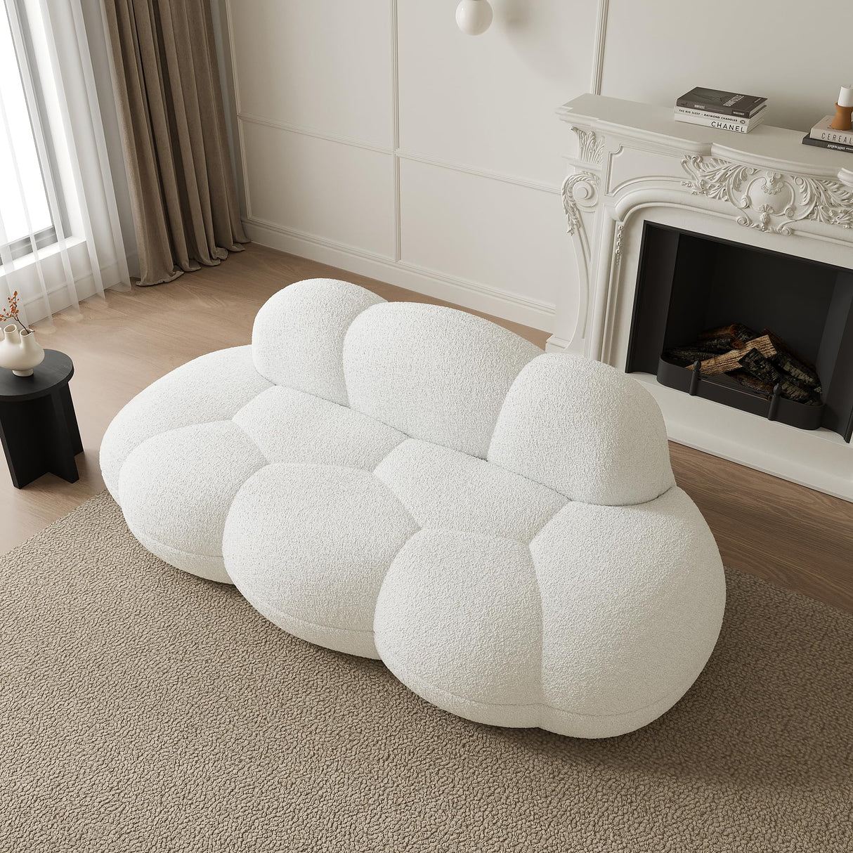 Modern Curved Sofa, 3 Seater, Soft Sherpa Upholstered Sofa, Minimalist Style Comfy Cloud Couch for Living Room Apartment, White LovingAHome