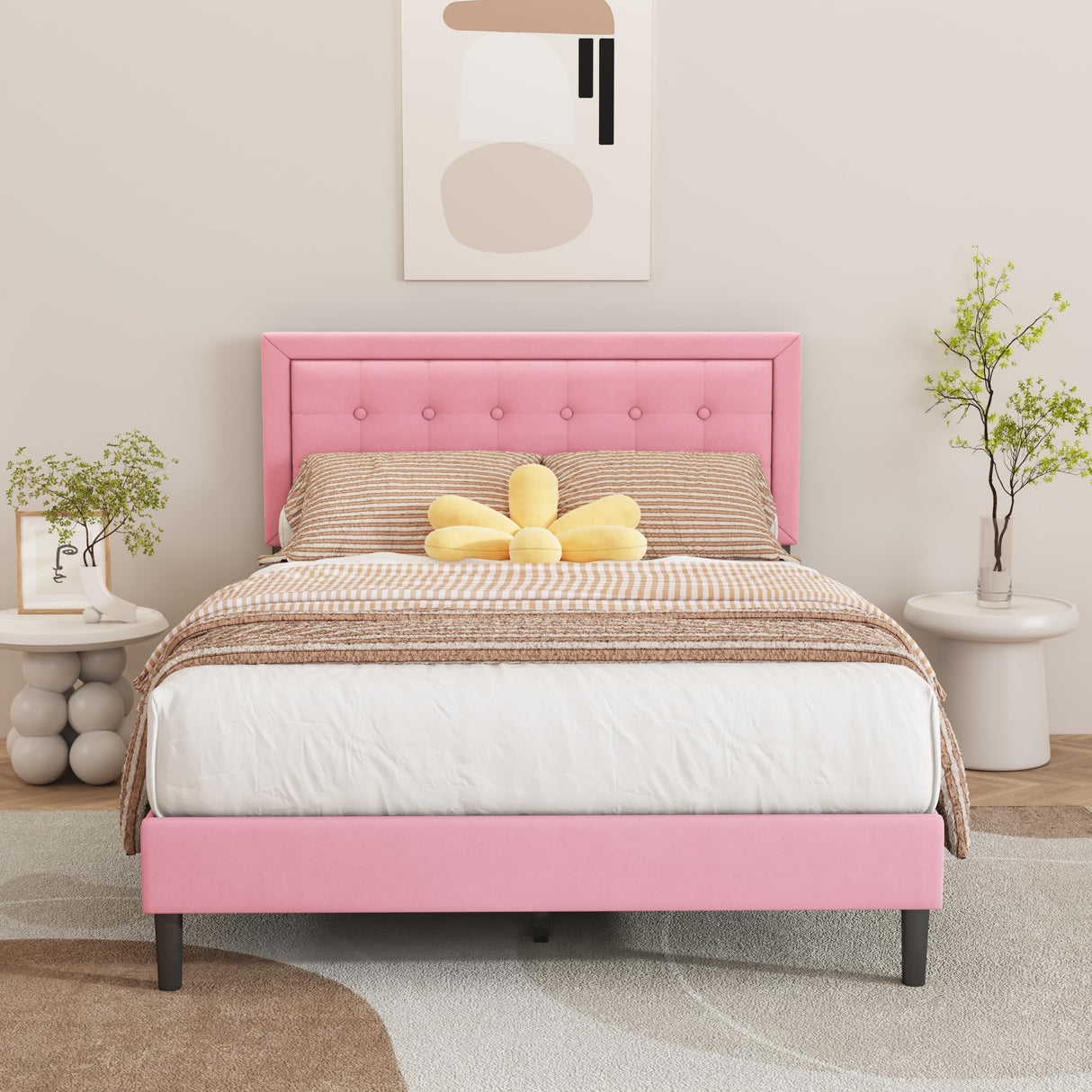 alazyhome Full Size Pink Modern Upholstered Platform Bed Frame with Button Tufting Headboard Solid Wood Slats Support No Box Spring Needed Easy Assembly alazyhome