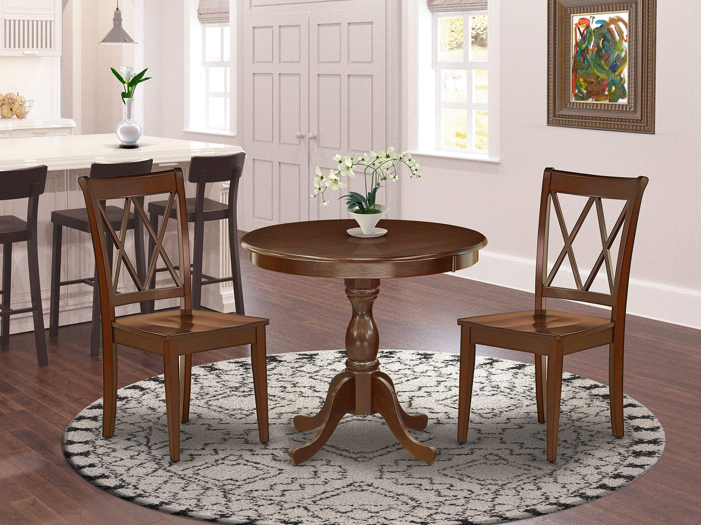 East West Furniture Antique 3 Piece Room Set Contains a Round Wooden Table with Pedestal and 2 Kitchen Dining Chairs, 36x36 Inch, AMCL3-MAH-W - WoodArtSupply