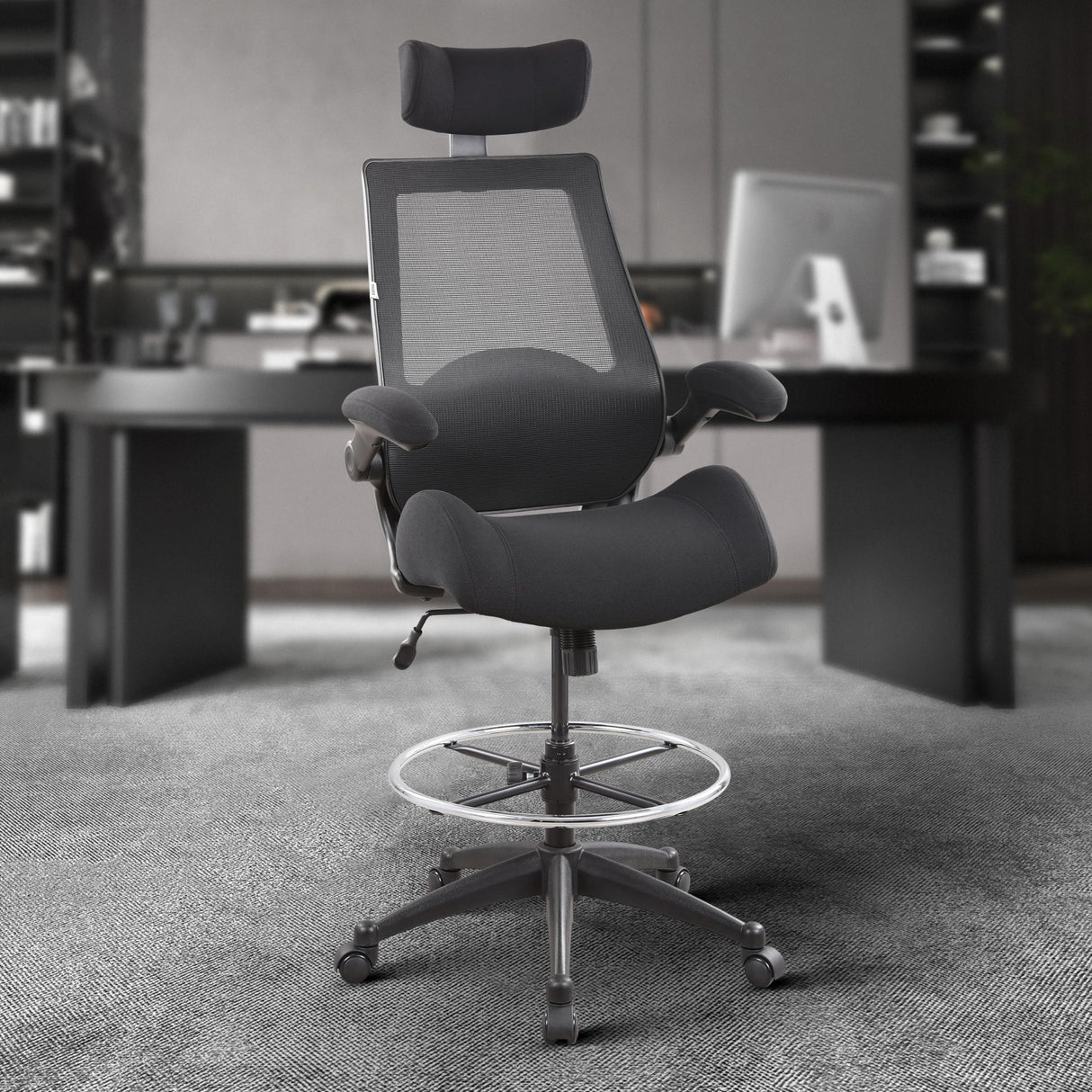 BOLISS Drafting Chair Tall Office Chair with Flip-up Armrests Executive Ergonomic Computer Standing Desk Chair with Lumbar Support and Adjustable Big Footrest Ring (Black) BOLISS