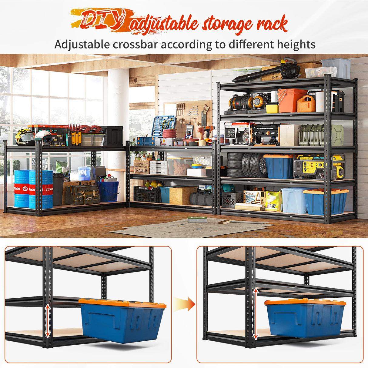 REIBII 48" W Garage Shelving 3020LBS Storage Shelves 5 Tier Heavy Duty Shelving Adjustable Garage Shelves for Basement, Warehouse, Commercial, Easy Assemble, 48" W x 72" H x 24" D REIBII