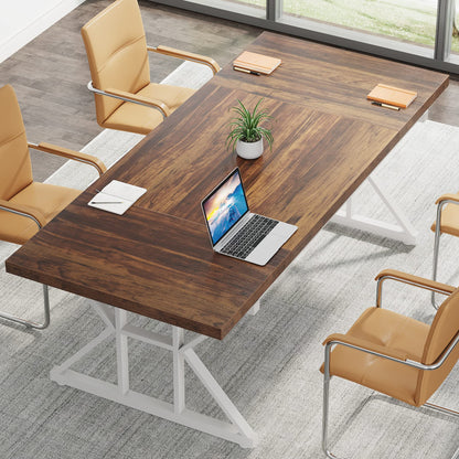 Tribesigns 6FT Conference Table, 70.86 L x 31.49 W x 29.52 H Inches Rectangle Meeting Room Table, Rustic Wood Seminar Table Executive Desk for Office, Conference Room(Brown/White) - WoodArtSupply