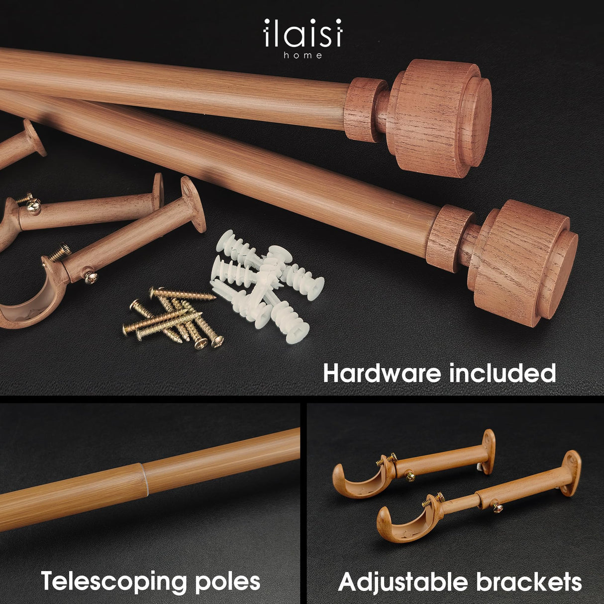 ILAISIHOME 1-1/8 Inch Diameter Faux Wood Curtain Rod with Wood Grain Finials, 36-72 inch Telescoping Single Curtain Rods for window width 24-68 inch, 1 pack ILAISIHOME