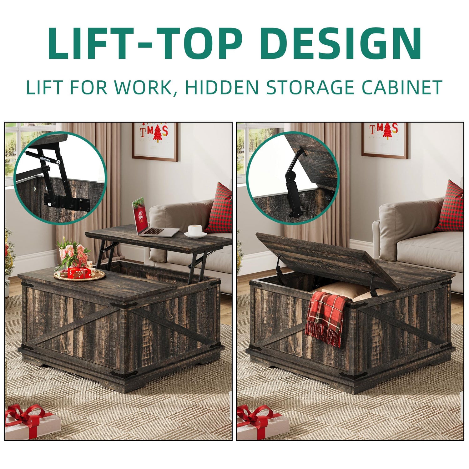 YITAHOME Farmhouse Lift Top Coffee Table, Square Wood Center Table with Large Hidden Storage Compartment for Living Room, Rustic Cocktail Table with Lift Top for Home Office,Dark Rustic Oak YITAHOME