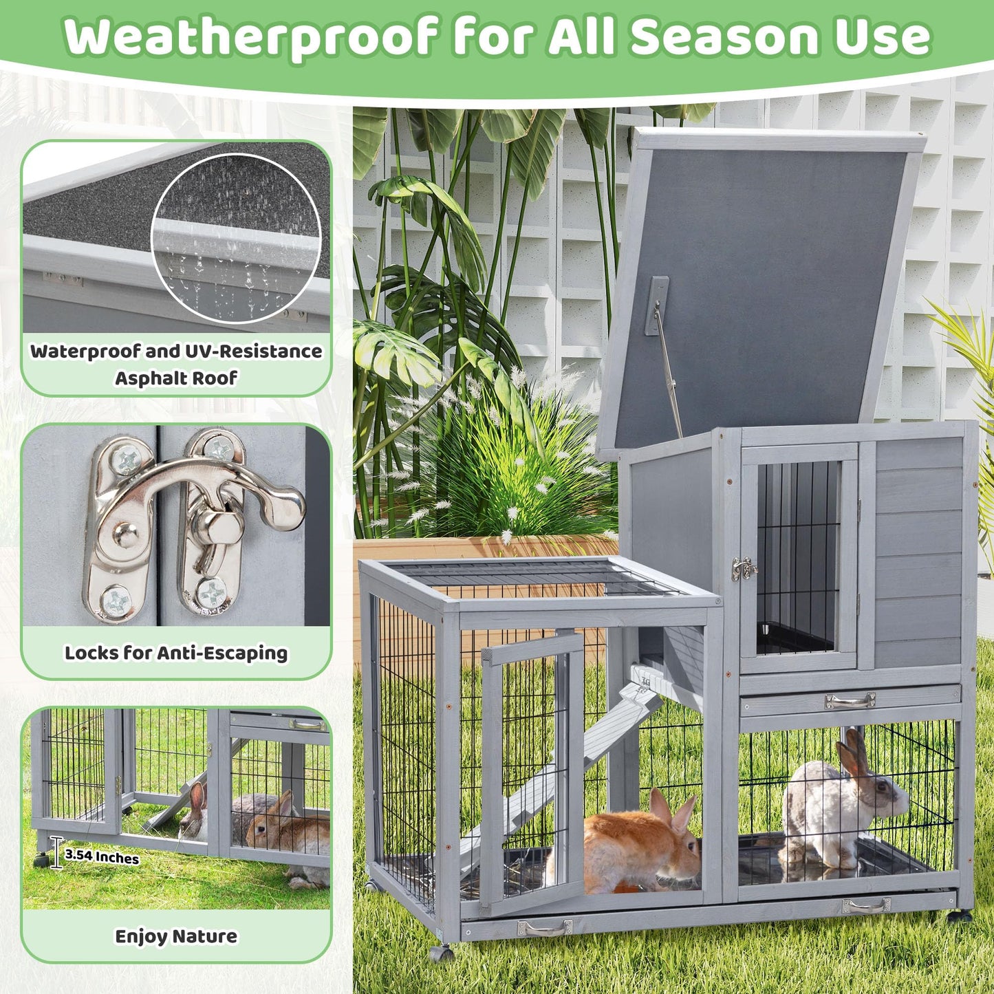 Rabbit Hutch Indoor Outdoor, 2-Level Large Wooden Rabbit Cage Bunny House Small Animal Enclosure Guinea Pig Hutch with Wheels, 2 Removable Trays, 3 Access Entrances, 39" L x 24" W x 37" H, Grey