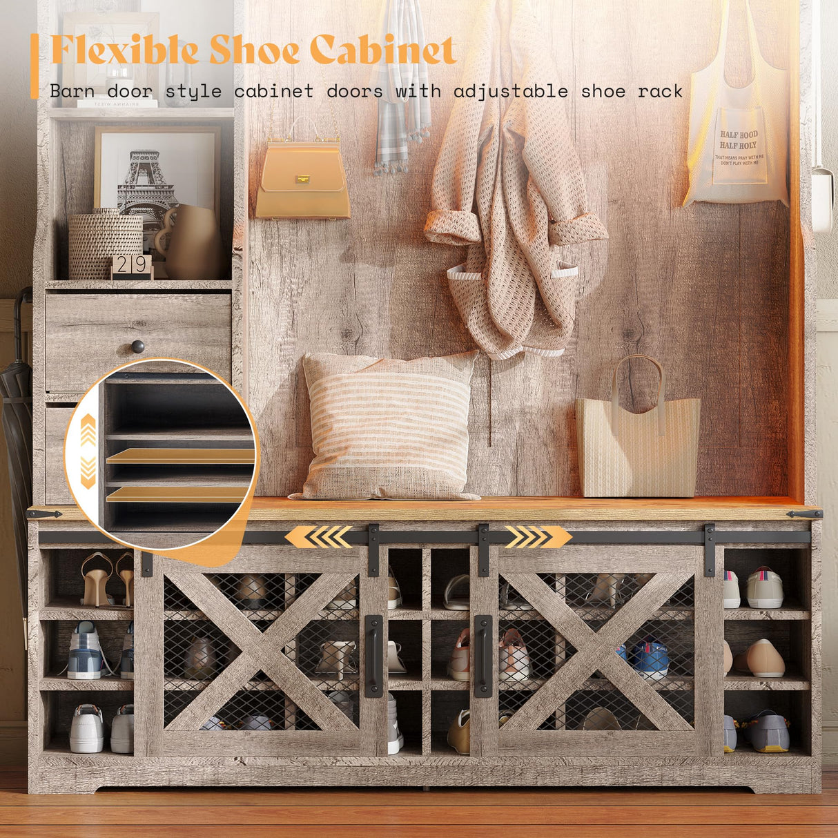 AMERLIFE 7-in-1 Farmhouse Hall Tree with Bench and Shoe Cabinet, LED Entryway Organizer with Drawers,12 Shoe Cubbies & Barn Doors, 7 Coat Racks with Shoe Storage, Rustic Gray AMERLIFE