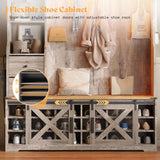 AMERLIFE 7-in-1 Farmhouse Hall Tree with Bench and Shoe Cabinet, LED Entryway Organizer with Drawers,12 Shoe Cubbies & Barn Doors, 7 Coat Racks with Shoe Storage, Rustic Gray AMERLIFE