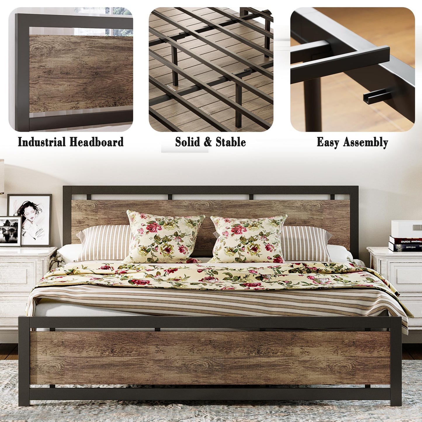 LIKIMIO Walnut King Bed Frame with Headboard & Footboard - Sturdy, Noise-Free Design with Ample Underbed Storage - WoodArtSupply