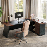 LITTLE TREE 78-Inch Executive Office Desk with File Cabinet, Large Modern Corner Office Desk for Home Office, 3-Drawer Wood File Cabinet, Spacious Workstation for Home Office (Brown & Black) LITTLE TREE