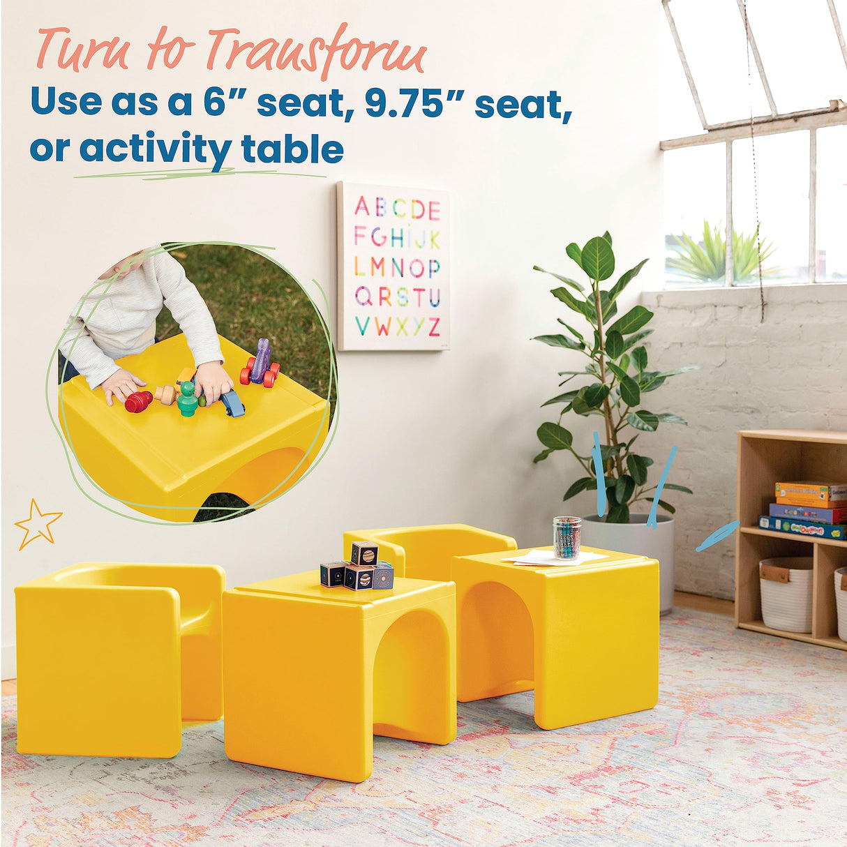 ECR4Kids Tri-Me 3-In-1 Cube Chair, Kids Furniture, Yellow ECR4Kids
