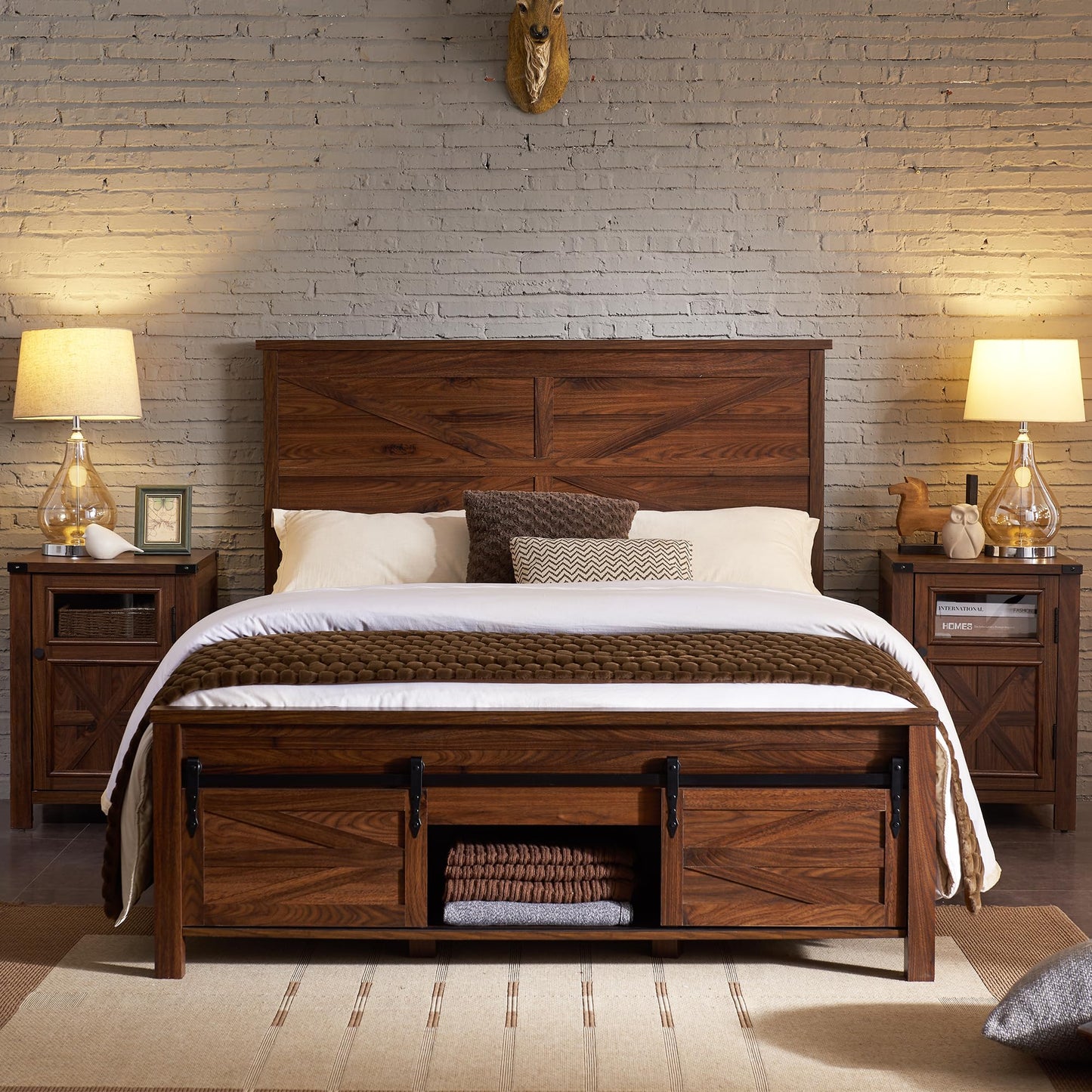 Farmhouse Queen Size Wood Bed Frame with Sliding Barn Door Storage and Solid Slats Support, Brown - WoodArtSupply