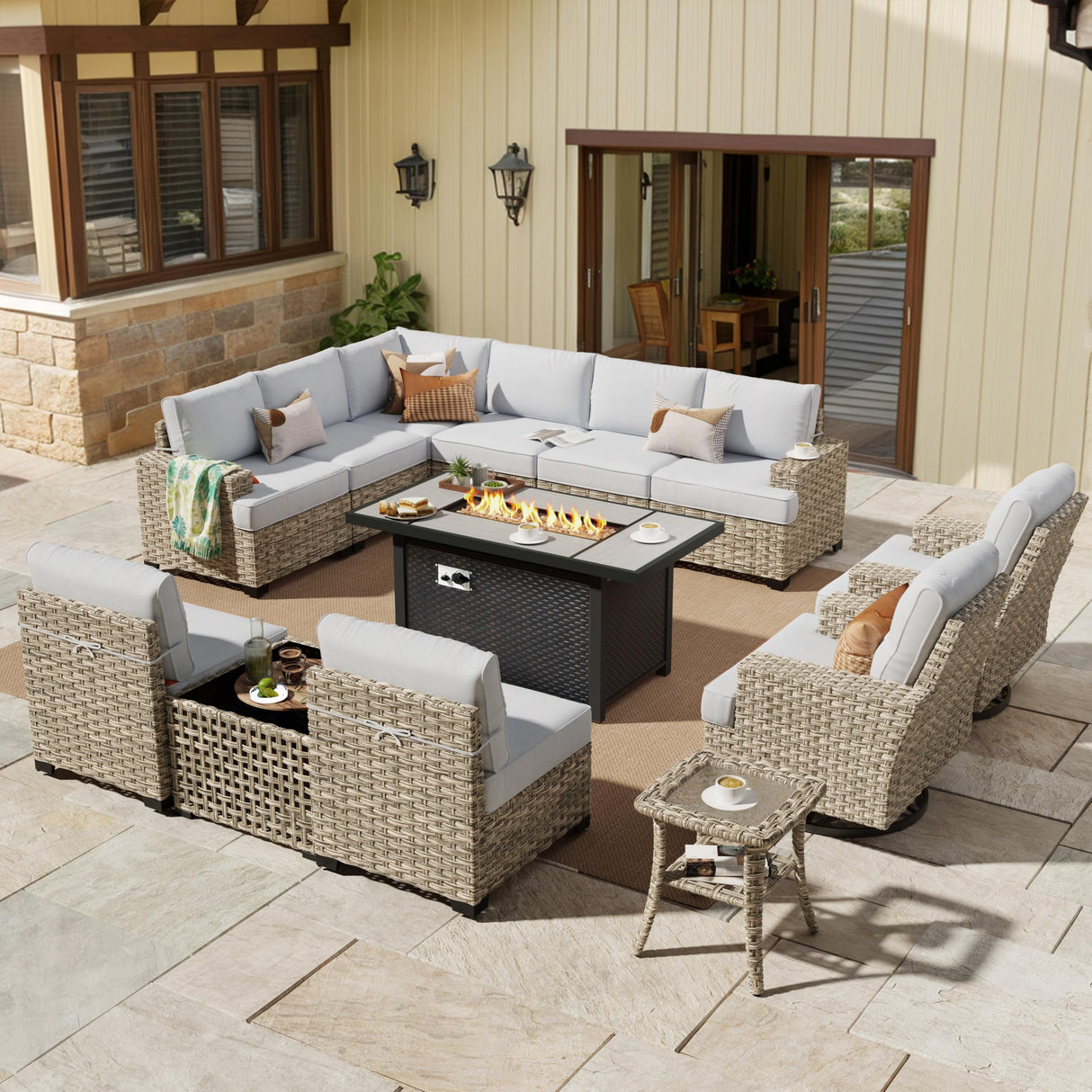 HOOOWOOO Outdoor Sectional Patio Furniture Set with Fire Pit Table,13 Pieces Wicker Conversation Sets L Shaped Couch,Extra Deep Out Door Sofa Outside Furniture with Swivel Chairs,Light Gray HOOOWOOO
