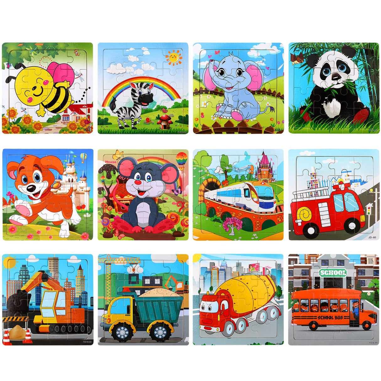 SANNIX 12 Pack Wooden Jigsaw Puzzles for Toddlers 3 4 5 Years Old, Party Favors Animals Jigsaw for Kids, Transportation Educational Puzzles Travel Toy with 12 Organize Bags SANNIX