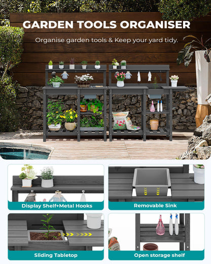 SERWALL Potting Bench Outdoor Potting Table with Sink, HDPE Potting Benches for Outside Gardening Table All Weather Use- Gray - WoodArtSupply