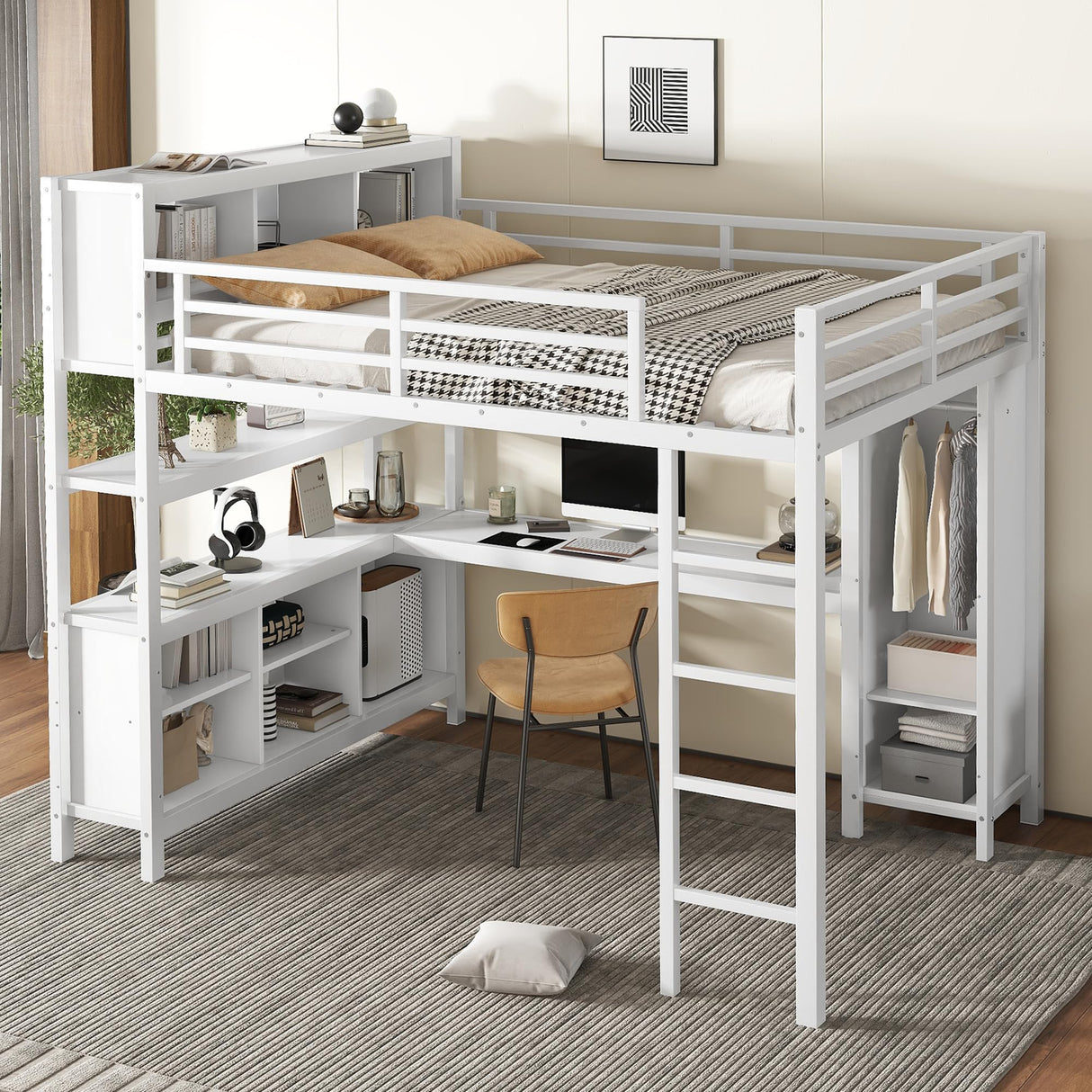 LUMISOL Metal Loft Bed with Wardrobe and L-Shaped Desk, Queen Size Loft Bed with Storage Cubes and Shelves, Heavy Duty Loft Bed for Teens Adults, White LUMISOL