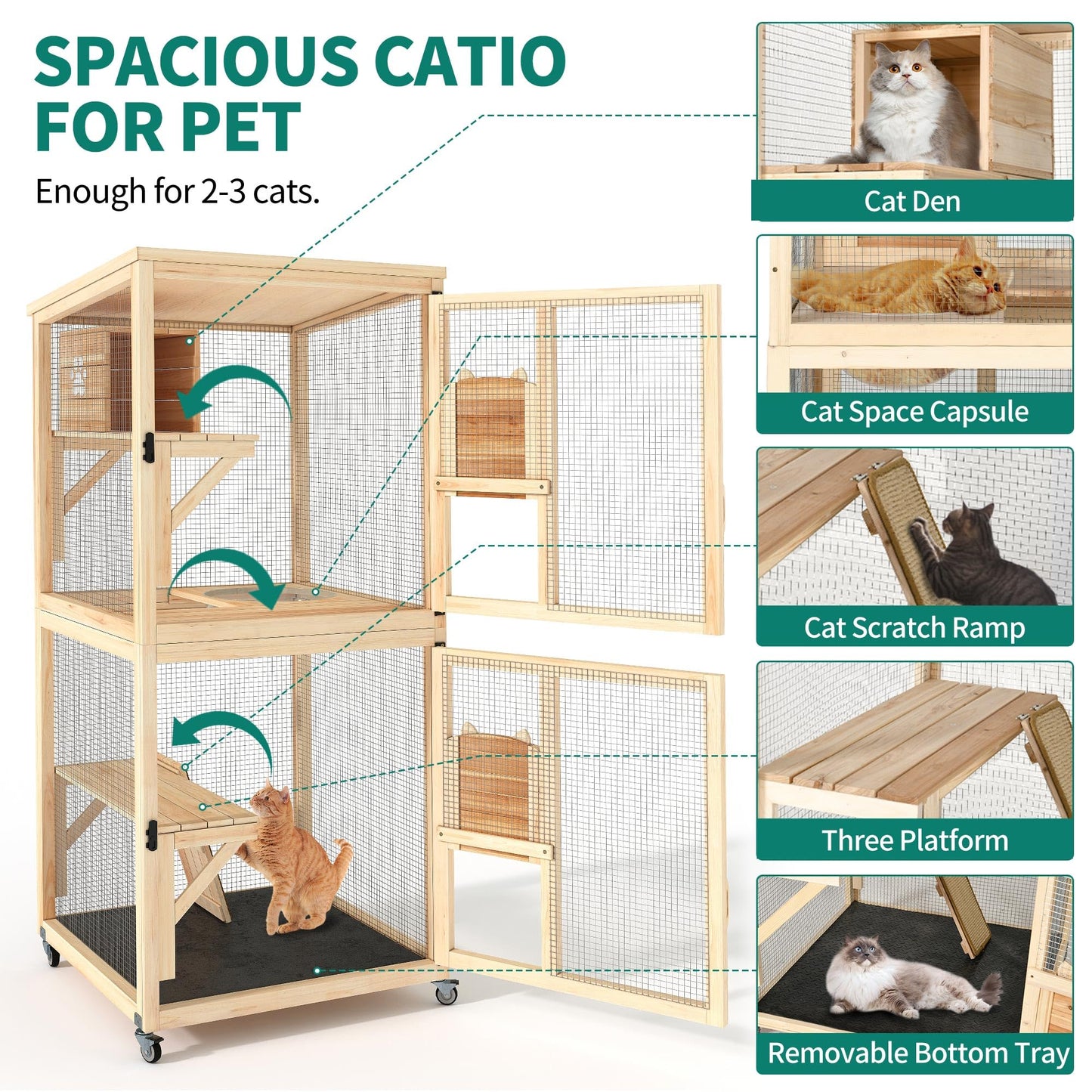 YITAHOME Cat House 70.9" Catio Outdoor Cat Enclosure on Wheels Wooden Cat Cage with Cat Space Capsule Bed and Cat Scratcher Ramp, Cat Patio Waterproof Roof(Natural)