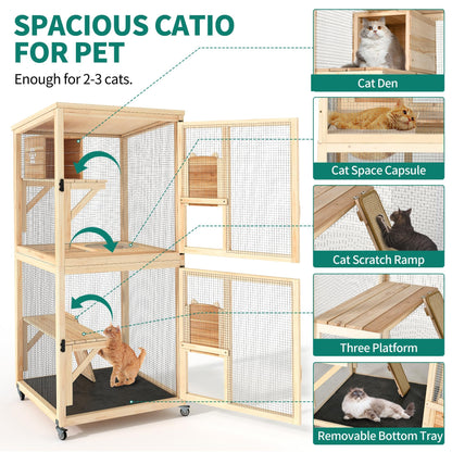 YITAHOME Cat House 70.9" Catio Outdoor Cat Enclosure on Wheels Wooden Cat Cage with Cat Space Capsule Bed and Cat Scratcher Ramp, Cat Patio Waterproof Roof(Natural)