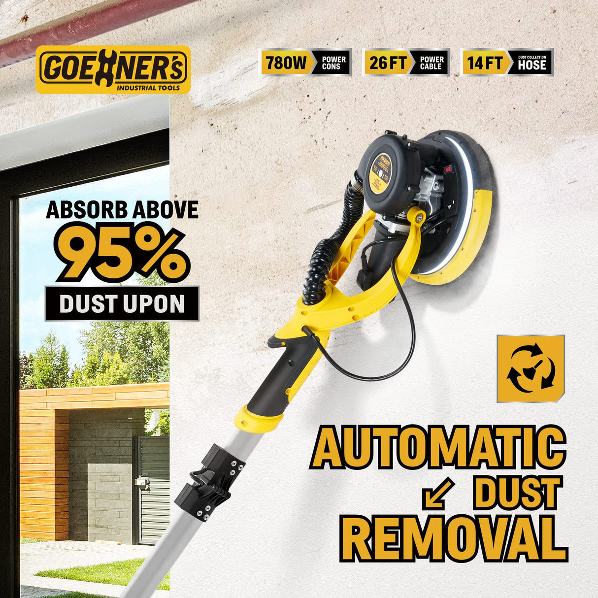 Drywall Sander, Electric Drywall Sander with Vacuum, 7 Variable Speed, 900-1800RPM, Labor-Saving Handle and Patented Fixture for Ceiling Sanding, LED Light, 14ft Dust Hose,26ft Power Cable,Storage Bag Kitvance