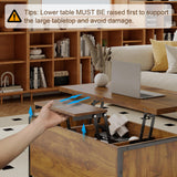 Manora Multi-Functional Lift-Top Coffee Table Convertible to Dining Table or Workstation, Rustic Wood Center Table with Hidden Storage, Compact Design for Living Room or Home Office, Rustic Brown Manora