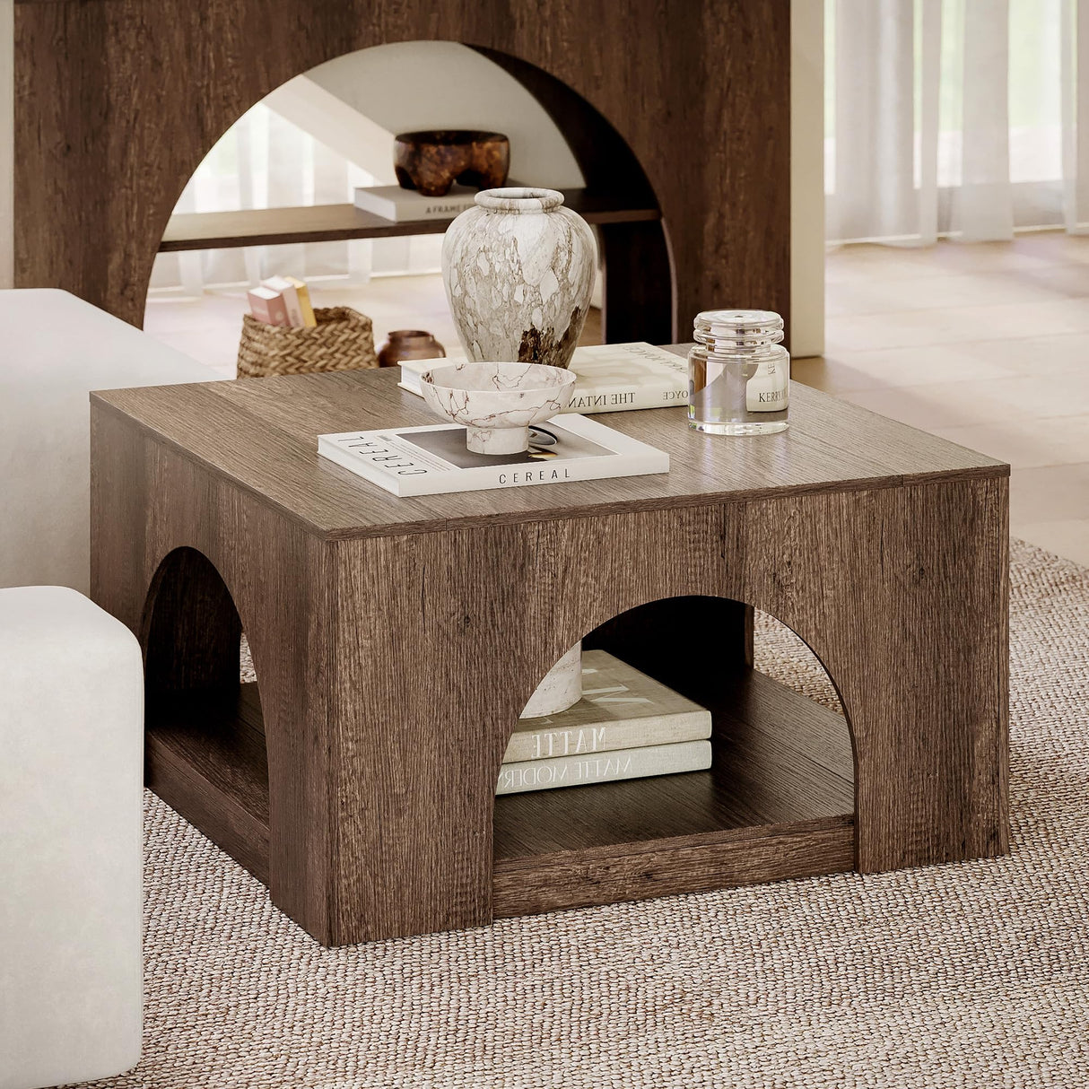 LIKEMET Large Coffee Table, 35.5-Inch LED Center Table with Storage, Square Low Table for Living Meeting Room, Easy Assembly LIKEMET