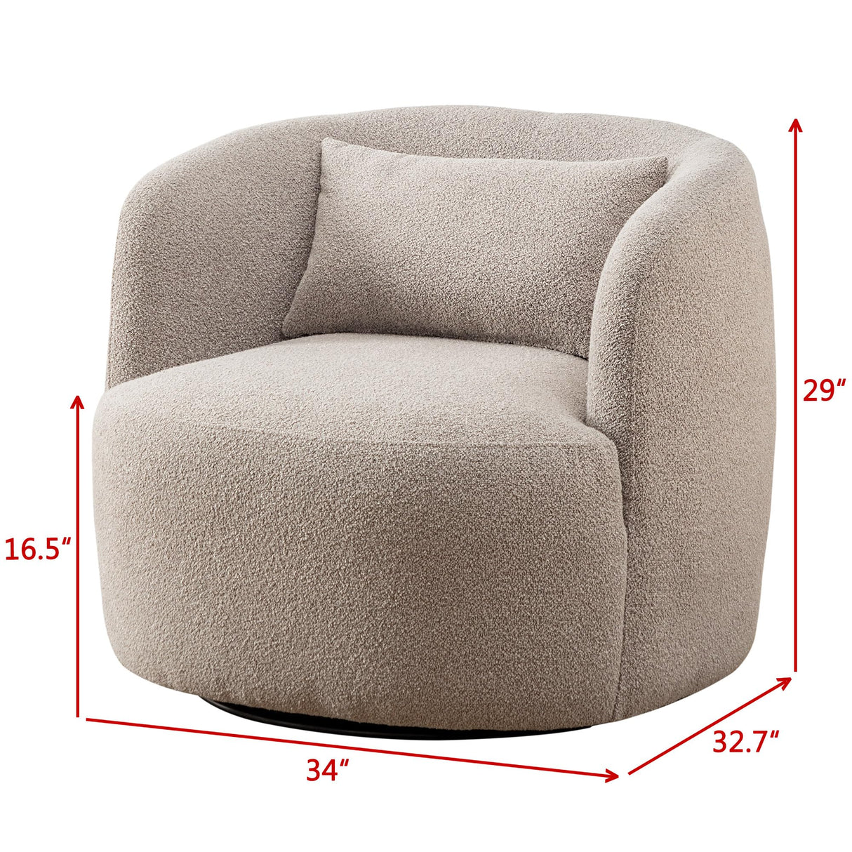 KINWELL 34" Wide Boucle Swivel Barrel Chairs Set of 2, No Assembly Round Upholstered Armchairs Accent Chairs Single Sofa Chair with Toss Pillow for Living Room and Bedroom, Taupe KINWELL