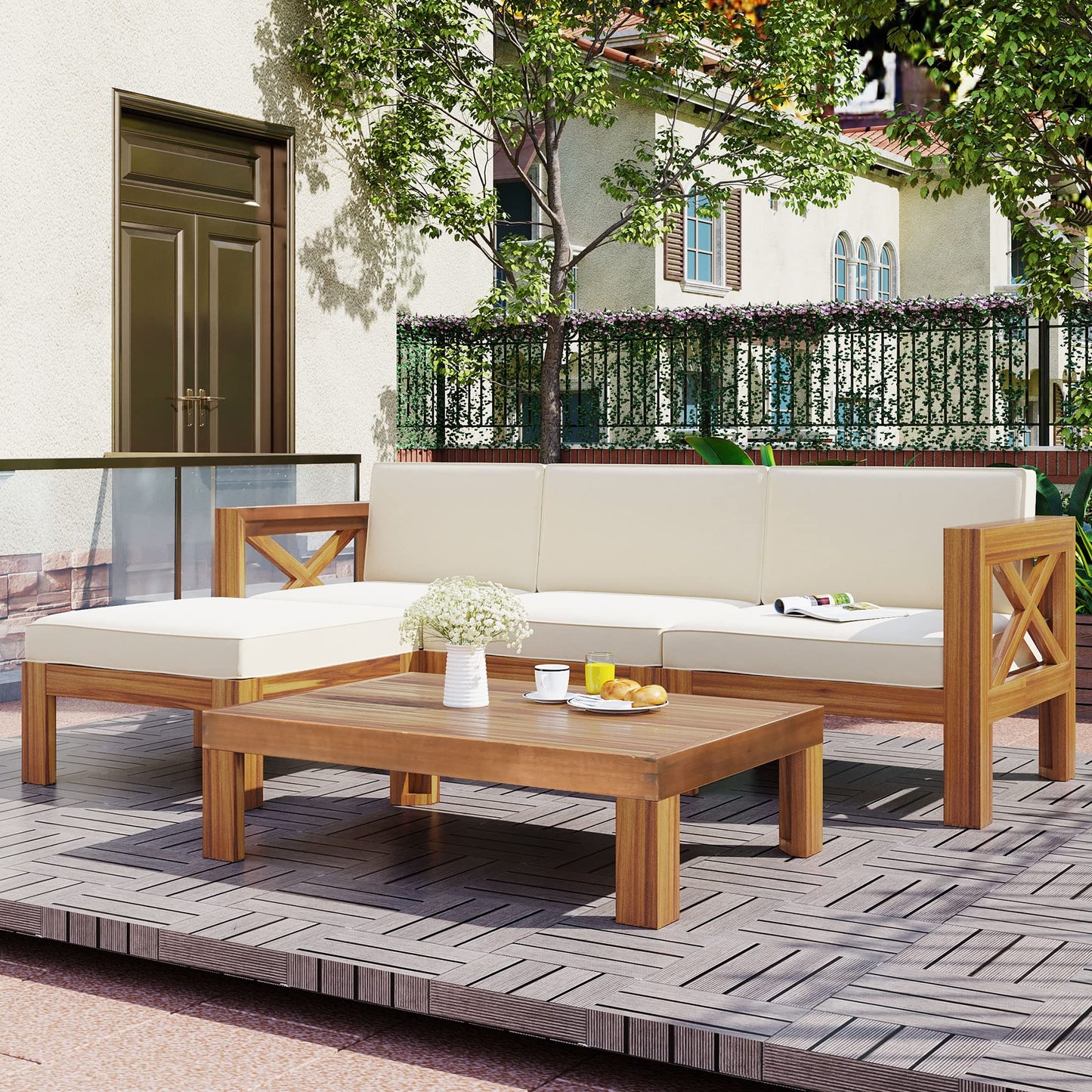 YSWH 5-Piece Patio Acacia Wood Outdoor Furniture Sectional Conversation Sets Sofa Set with Slatted Tabletop Tea Table and X-Back Wood Frame, Removable Cushions - WoodArtSupply