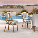PURPLE LEAF Outdoor Dining Chair Set of 2 Patio French Aluminium Frame in Bamboo Finish with Sky Blue & White Woven Rattan for Indoor Kitchen Deck Bistros Cafe Restaurant PURPLE LEAF