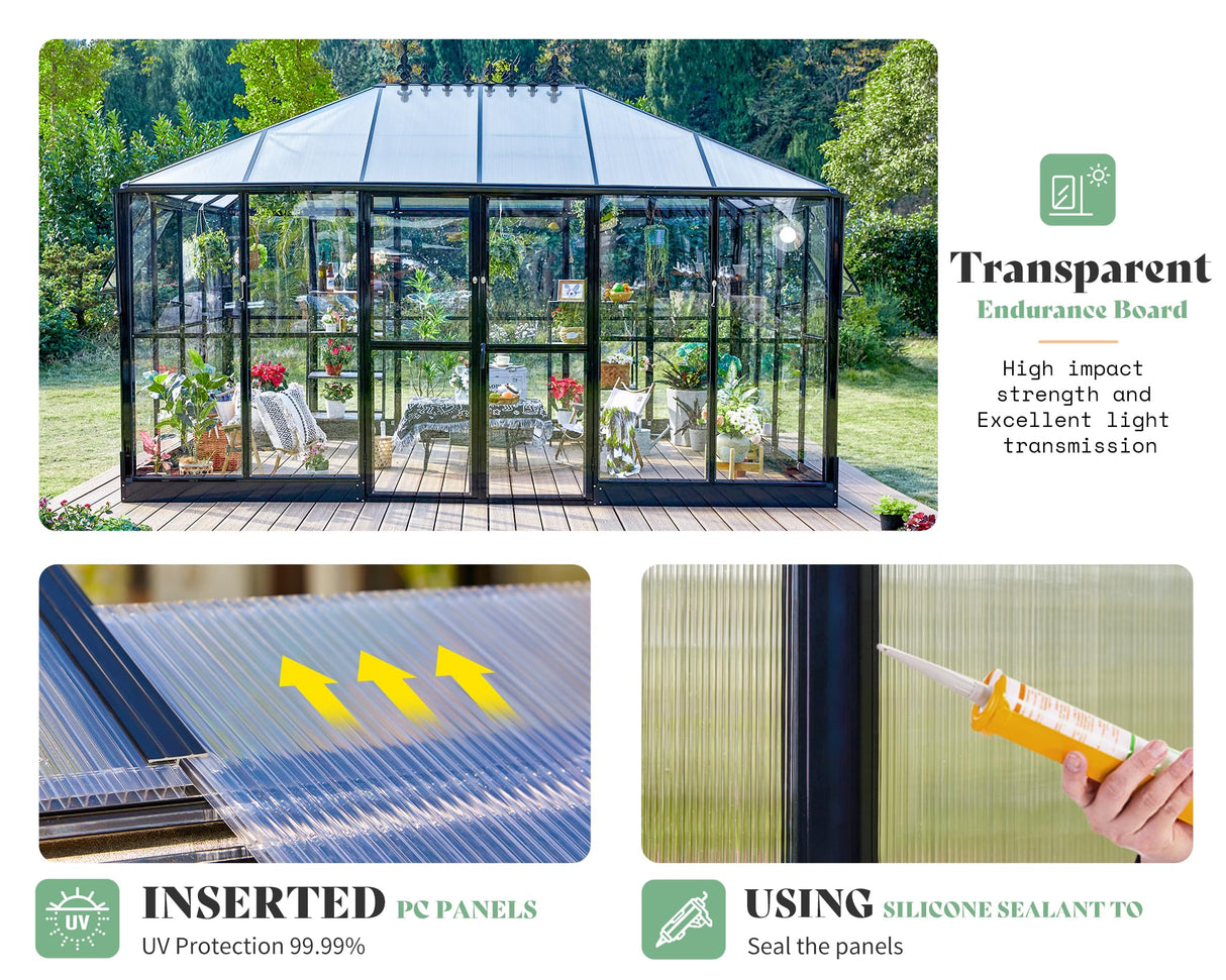 AMERLIFE 14x9.5x9 FT Hybrid Polycarbonate Greenhouse Quick Connector Fast Assembly, Swing 2 Doors Clear Panels, Walk-in Large Aluminum Greenhouse Winter Greenhouse for Outdoors, Black AMERLIFE