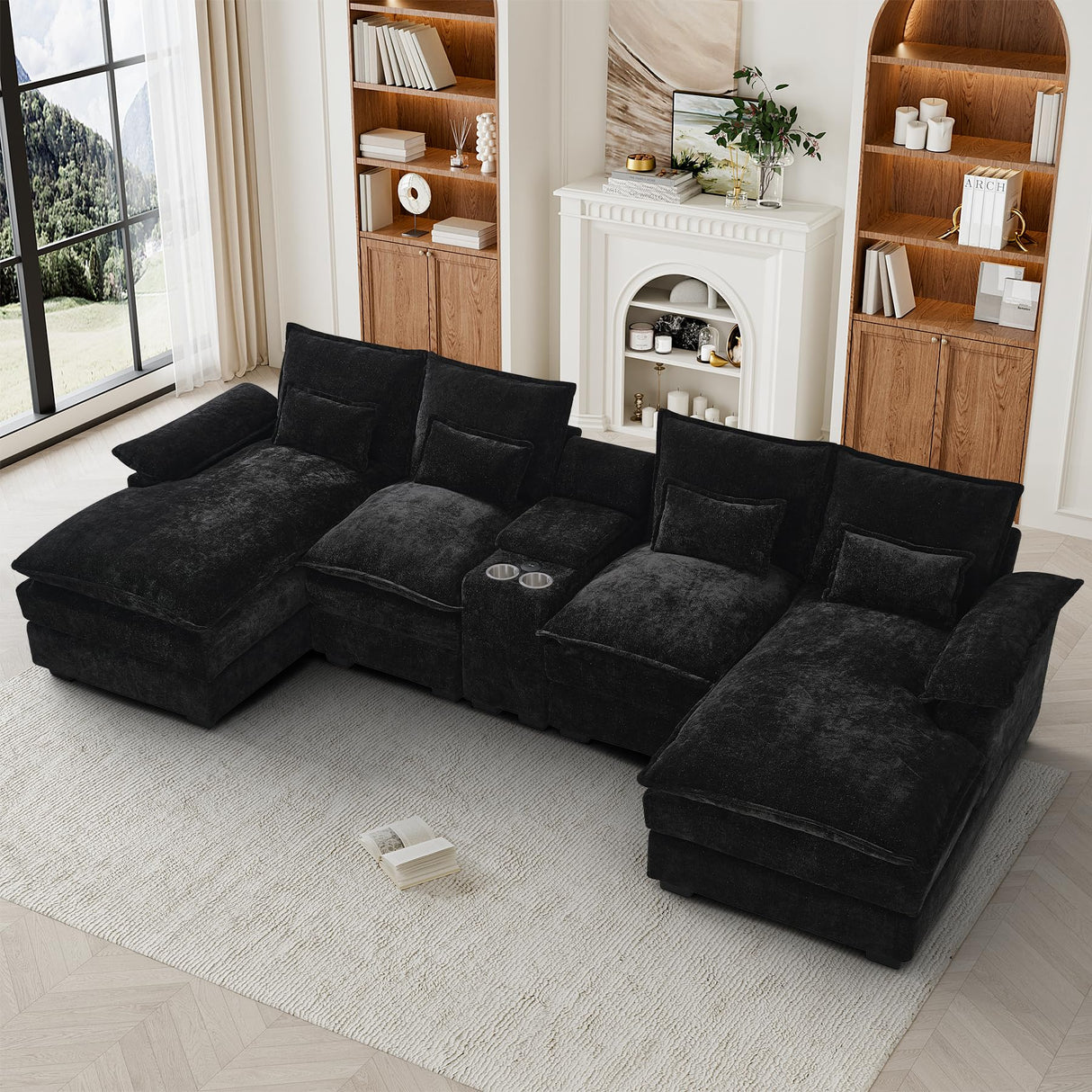HYJT-H&K 124" U Shaped Cloud Couch Sectional, Comfy Fluffy Chenille Black Sectional Couches for Living Room, Modern Modular Sectionals Sofa with Central Console Double Chaise Lounge Black HYJT-H&K