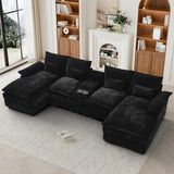 HYJT-H&K 124" U Shaped Cloud Couch Sectional, Comfy Fluffy Chenille Black Sectional Couches for Living Room, Modern Modular Sectionals Sofa with Central Console Double Chaise Lounge Black HYJT-H&K